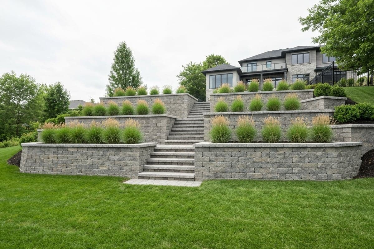 Natural stone retaining wall on sloped property in Brossard