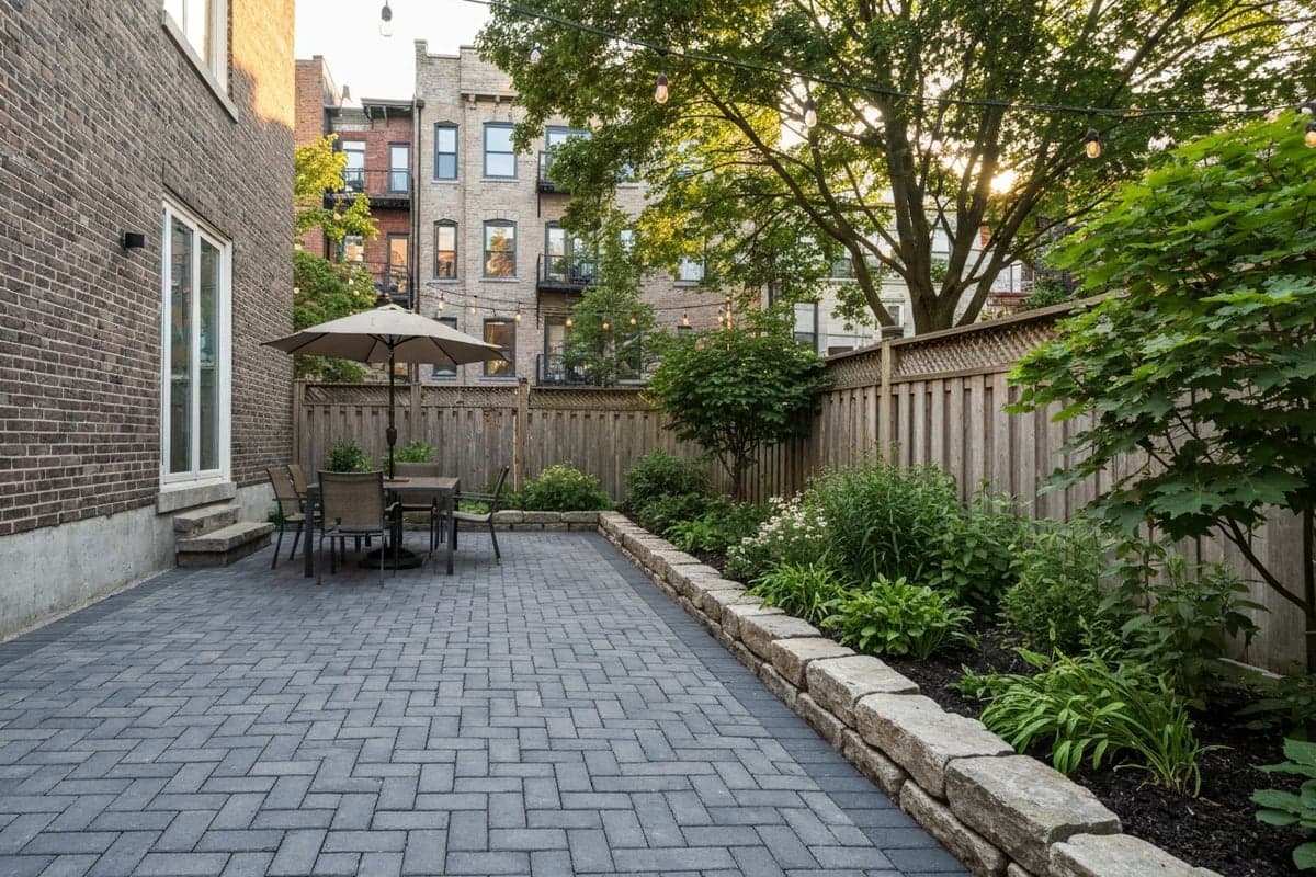 Modern interlock paver patio in Plateau Mont-Royal backyard