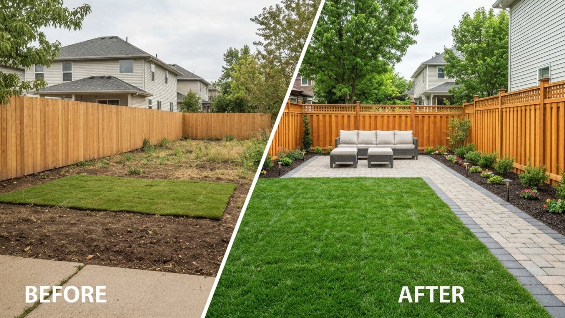 Before and after transformation – complete landscaping with interlock pavers and planting in Montreal
